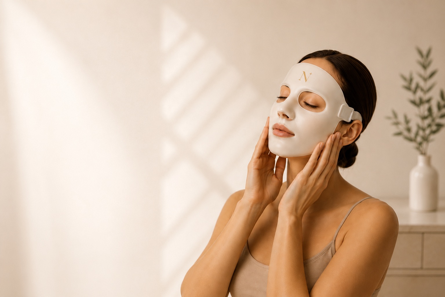 Woman wearing the white NOVINORA Freeze & Glow cryo mask with its adjustable strap