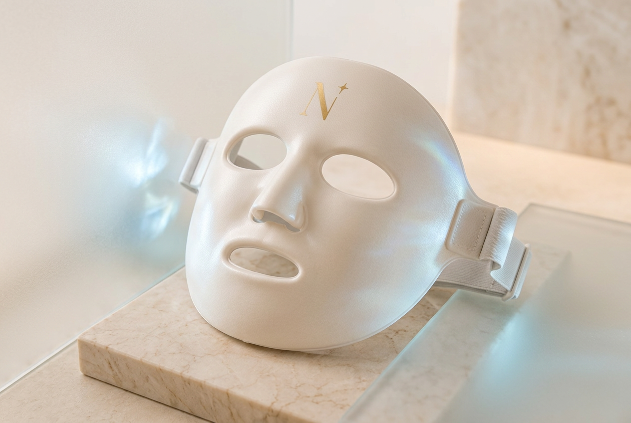 White NOVINORA Freeze & Glow cryo mask displayed on pale stone with its gold monogram and adjustable straps