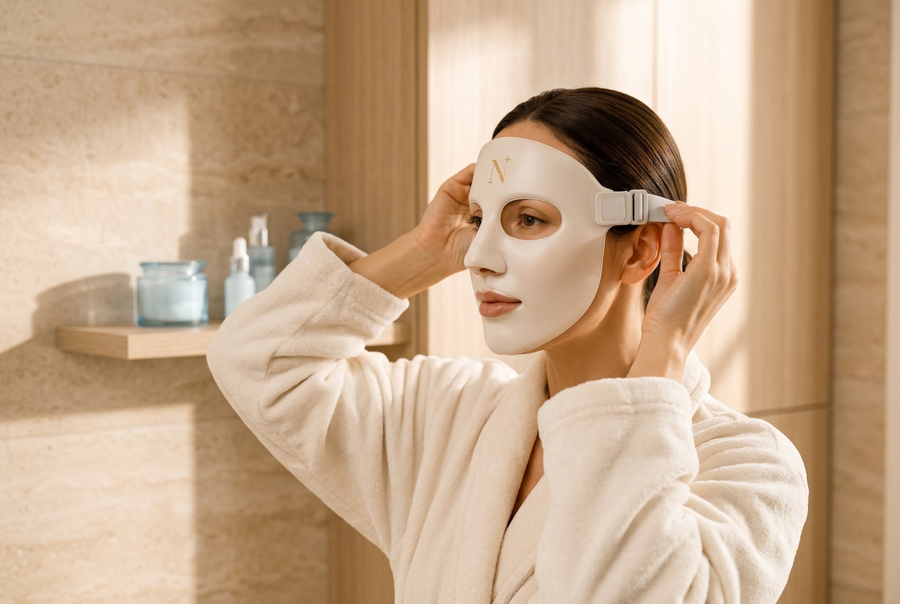 Woman adjusting the white NOVINORA Freeze & Glow mask during her morning bathroom ritual
